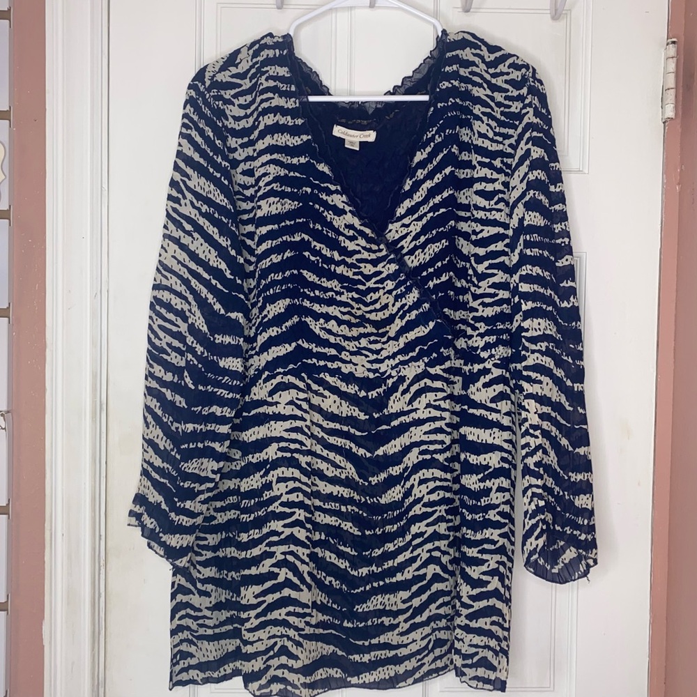 COLDWATER CREEK Women’s Blue and White Zebra Print Wrap Sheer Blouse Size XL